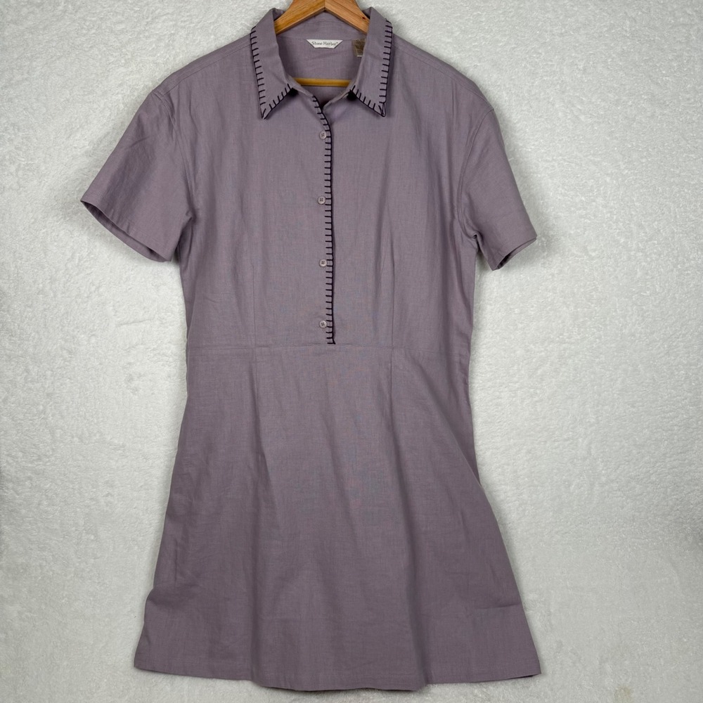 Stone Harbor Shirt Dress Large Lavender Linen Blend Whipstitch Short‎ Sleeve